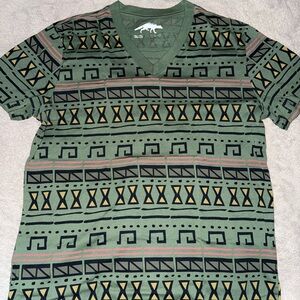 Green Patterned V-Neck Men's Shirt